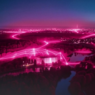 Aerial view of Munich at dusk with magenta network lines converging on a data centre
